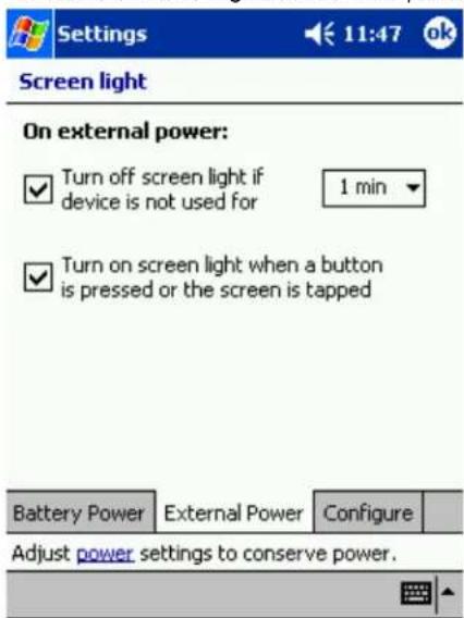 Settings 11:47 ok Screen light On external power: ✓ Turn off screen light if device is not used for 1 min ✓ Turn on screen light when a button is pressed or the screen is tapped Battery Power External Power Configure Adjust power settings to conserve power.