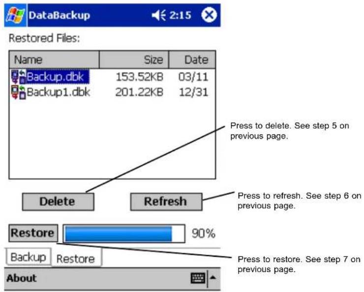 DataBackup 2:15 Restored Files: Name Size Date Backup.dbk 153.52KB 03/11 Backup1.dbk 201.22KB 12/31 Press to delete. See step 5 on previous page. Delete Refresh Press to refresh. See step 6 on previous page. Restore 90% Backup Restore Press to restore. See step 7 on previous page. About