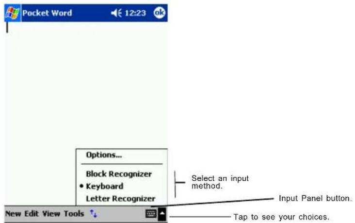 Pocket Word 12:23 ok Options... Block Recognizer • Keyboard Letter Recognizer Select an input method. Input Panel button. New Edit View Tools Tap to see your choices.