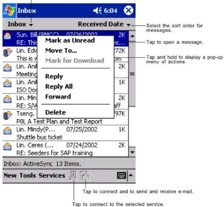 Inbox 6:04 Inbox Received Date Sun. Bill (PMCC) 07/26/2002 RE: This Mark as Unread Move To... Mark for Download Reply Reply All Forward Delete Lin. Edv This is v Lin. Anil Meeting Lin. Anil ISO Doc Lin. Min RE: S/W Tseng. P8L A Test Plan and Test Report Lin. Mindy(P... 07/25/2002 1K Shuttle bus ticket Lin. Ceres (... 07/24/2002 2K RE: Seeders for SAP training Select the sort order for messages. Tap to open a message. Tap and hold to display a pop-up menu of actions. Inbox: ActiveSync 13 Items. New Tools Services Tap to connect and to send and receive e-mail. Tap to connect to the selected service.