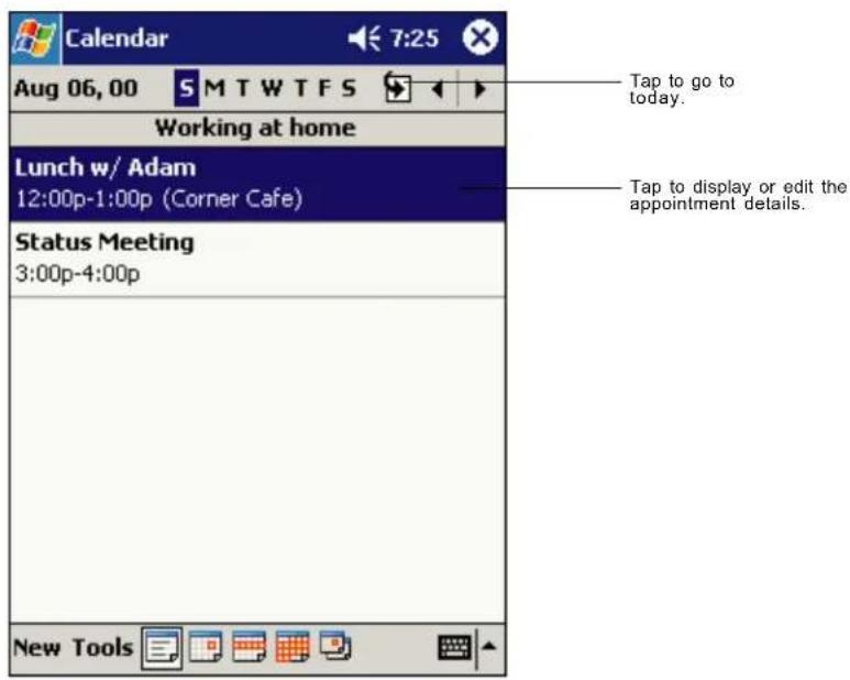 Calendar 7:25 Aug 06, 00 S M T W T F S Working at home Lunch w/ Adam 12:00p-1:00p (Corner Cafe) Status Meeting 3:00p-4:00p New Tools Tap to go to today. Tap to display or edit the appointment details.
