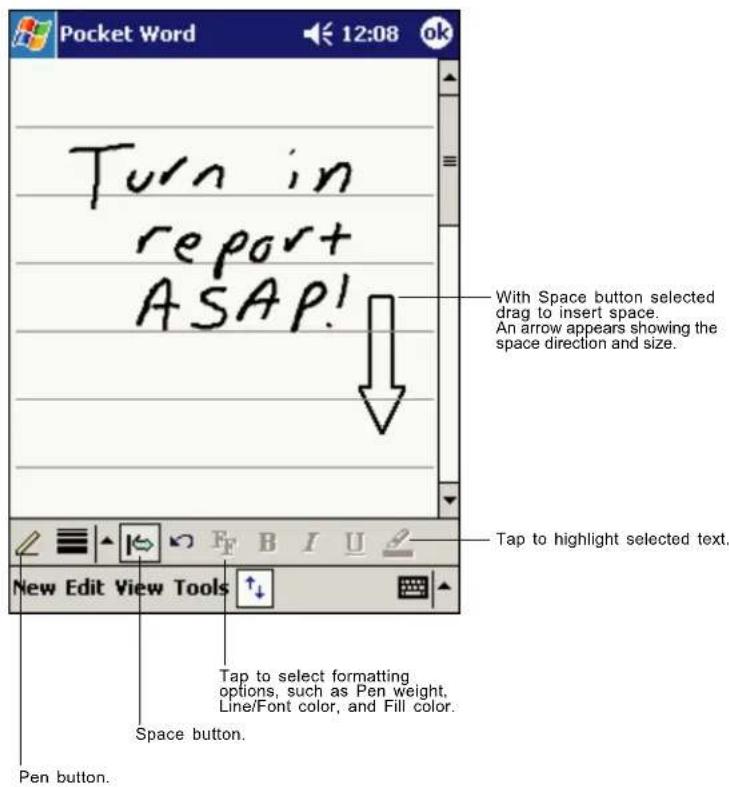 Turn in report ASAP! With Space button selected drag to insert space. An arrow appears showing the space direction and size. Tap to highlight selected text. New Edit View Tools Tap to select formatting options, such as Pen weight, Line/Font color, and Fill color. Space button. Pen button.