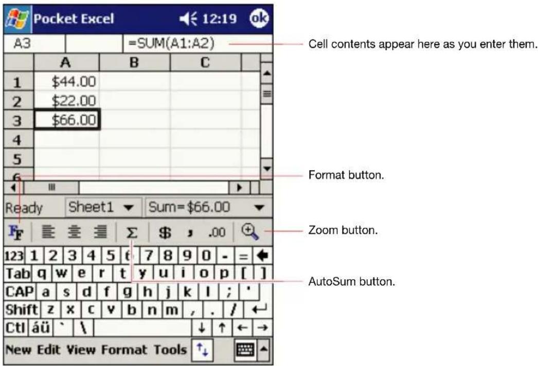 Pocket Excel A3 =SUM(A1:A2) Cell contents appear here as you enter them. 1 $44.00 2 $22.00 3 $66.00 4 5 6 Format button. Ready Sheet1 Sum=$66.00 Zoom button. 123 1 2 3 4 5 6 7 8 9 0 - = Tab g w e r t y u>i pivot[ ] CAP a s d f g h j k l ;' Shift z x c v b n m , . / ← CtI äü \ ↓ ↑ ← → New Edit View Format Tools