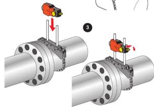 Technical diagram showing two stages of a mechanical assembly with red components and arrows indicating motion or movement.