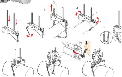Technical diagram illustrating mechanical assembly steps with numbered components and directional arrows indicating motion
