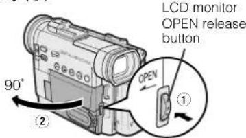 LCD monitor, OPEN release button, 90°, ①, ②
