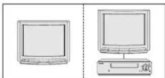 Two line drawings of desktop computers: one with a monitor and one with a CD, both without any text or symbols.