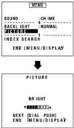 MENU SOUND: CHIME BACKLIGHT: NORMAL PICTURE 1 INDEX SEARCH END [MENU/DISPLAY] PICTURE BRIGHT NEXT [DIAL PUSH] END [MENU/DISPLAY]