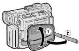 Illustration of a digital camera with two labeled parts (① and ②) showing internal components and motion arrows (no text or symbols beyond labels)