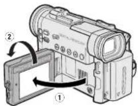 Diagram of a digital camera with labeled parts and directional arrows indicating assembly or movement.