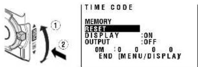 TIME CODE MEMORY RESET DISPLAY: ON OUTPUT: OFF ON: 0 0 0 0 END [MENU/DISPLAY]