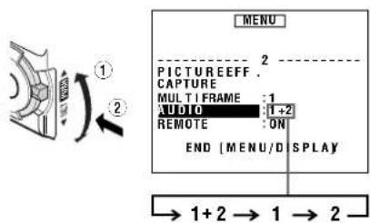 MENU 2 PICTUREEFF. CAPTURE MULTI FRAME: 1 AUDIO: 1+2 REMOTE: ON END [MENU/DISPLAY] → 1+2 → 1 → 2 -