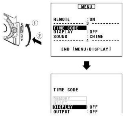 graph TD A["Camera Icon"] --> B{1: REMOTE_ON_3_TIME_CODE_OFF_SOUND_CHIME_4_END["MENU/DISPLAY"]} B --> C["↓"] C --> D["TIME CODE MEMORY RESET DISPLAY OUTPUT OFF"]