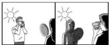 Illustration showing a person talking on phone under the sun, with another person holding a magnifying glass (no text or symbols present)