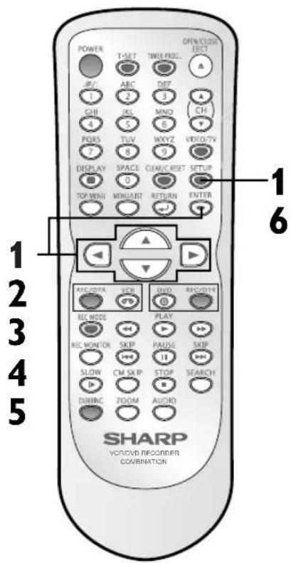 OPEN/USB ELECT POWER T-SET INTEL/INTC ABC OFF 1 2 3 4 5 6 7 8 9 10 11 12 13 14 15 POURS TUV WXYZ VIDEO/TV DISPLAY SPACE GLENIC/RESET SETUP TOP MENU MENU/INT RETURN ENTER 1 6 REC/DATA SCB DVD REC/DATA REC MODE PLAY REC MONITOR SKIP PAUSE SKIP SLOW CM SKIP STOP SEARCH DURING ZOOM AUDIO SHARP VOTAVIO RECORDER COUBINATION