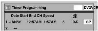Timer Programming DVDVCR Date Start End CH Speed 1. JAN/01 12:57AM 1:57AM 8 DVD SP 2. --