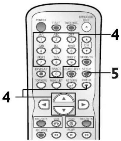 POWER T-SET TIME HOG. OPEN/CLOSE OUT OFF ABC OFF 1 2 3 CHL KL MND 4 5 6 POSS TUV WXYZ 7 8 VIDEO/TV DISPLAY SPACE SPACE/INT? SETUP 0 RETURN ENTER TOP MING MINUTE RECESSION 4 RECESSION VOC DVD RECESSION REC. MODE PLAY