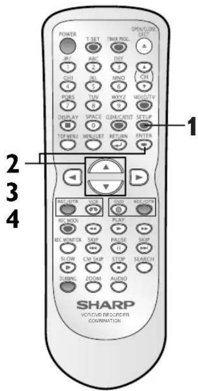 POWER T-SET TIME PROC. OPEN/CLOSE LAST JF/ ABC RESET 1 2 3 CHI R0 MNO CHI 4 5 6 7 8 9 PORS TUV WXYZ WDO/TV DISPLAY SPACE GLEN/RESET SETUP TOP MENU MENULET RETURN ENTER 1 2 3 4 REC/DTR VCR LOAD REC/DTR REC MODE PLAY REC MONITOR SKIP PULSE SKIP SLOW CM SKIP STOP SEARCH DUBING ZOOM AUDIO SHARP VSW/VOV RECOIDER COMBINATION