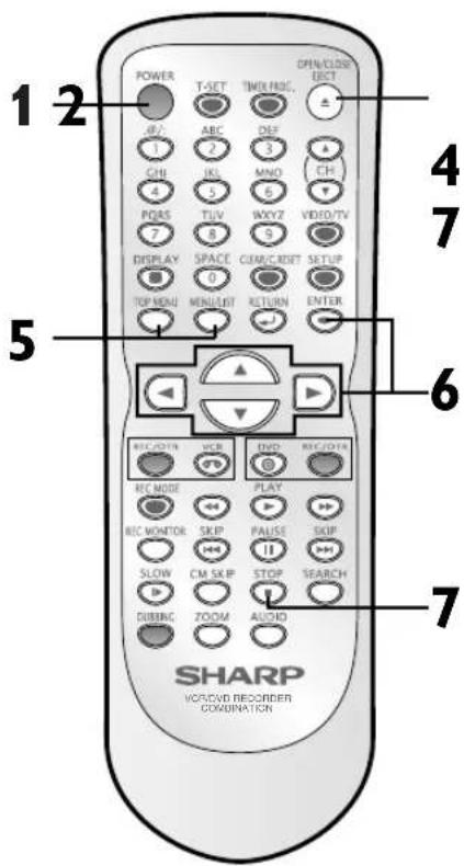 POWER T-SET TMOLMOIC OPIN/CLOSE ELECT 1 2 0/- ABC DEF 4 CHI JIS MNO CH 4 PORS TLV WXY7 VIDEO/TV 7 DISPLAY SPACE CUM/CREDIT SETUP 0 TOP MEAD MINILET RETURN ENTER 5 REC/DOTN VCR DVD REC/DOTN REC MODE PLAY REC MINTER SKIP FALSE SKIP SLOW CM SKIP STOP SEARCH DUBING ZOOM AUDIO SHARP VOROVID REORDER COMPARATION