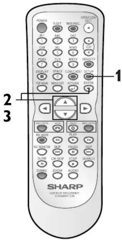 POWER T-SET TIME REC. OPEN/LOCK ELECT JPY ABC DEE 1 GHI JIS MNO CH 4 5 6 PORS TVU WXYZ VIDEO/TV 7 8 9 DISPLAY SPACE GIAV/CASET SETUP TOP HMI MENU/UST RETURN ENTER 1 2 3 REC OUTPUT VOCN FWD REC OUTPUT REC MODE PLAY REC MONITOR SKIP PAUSE SKIP SLOW CM SKIP STOP SEARCH DUBING ZOOM AUDIO SHARP VOR/IVD RECORDER COMUNATION