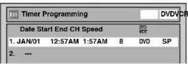 Timer Programming Date Start End CH Speed 1. JAN/01 12:57AM 1:57AM 8 DVD SP 2. ---