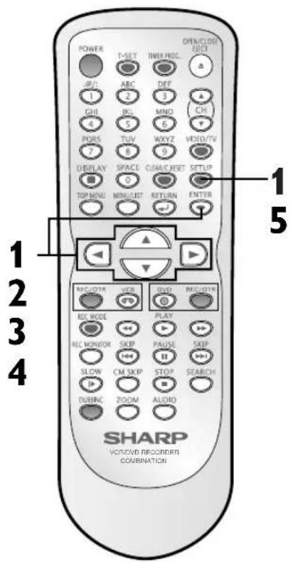 POWER T-SET TIME HOG. OPEN/CLOSE ELECT .0/2 ABC DET 1 GHI JPG MNO CHI 4 POSS TUV WXYZ VIDEO/TV 7 DISPLAY SPACE CIA/A/C,RESET SETUP 0 TOP MENU MINI/LIST RETURN ENTER 1 5 REC/OTR VCR DVD REC/OTR REC WODE PLAY REC MONITOR SKIP PAUSE SKIP SLOW CM SKIP STOP SEARCH DURING ZOOM ALDO SHARP VCD/VD RECORDER COVRINATION
