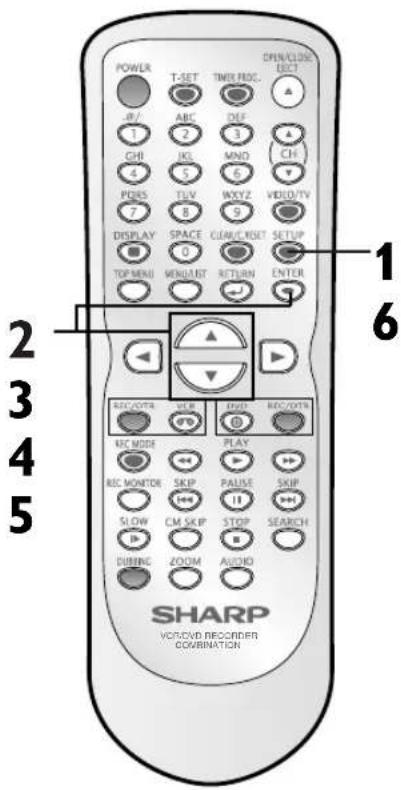POWER T-SET TND/RDC. OPEN/CLIDE ELECT IP/ ABC DEF CH JCS MND CH POSS TUV WXYZ VIDEO/TV 7 8 9 DISPLAY SPACE CLEAR/RESET SETUP TOP MENU MINI/INT RETURN ENTER 1 2 3 4 5 REC/OTA VBR RUB REC/OTN REC MODE PLAY REC MONITOR SKIP PAUSE SKIP SLOW CM SKIP STOP SEARCH DURING ZOOM AUDIO SHARP VCC/VID RECORDER COVINATION