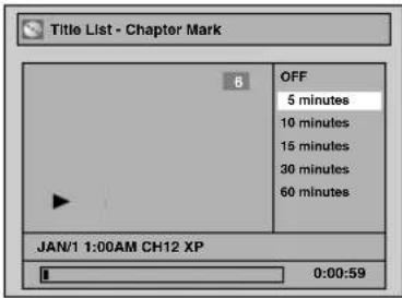 Title List - Chapter Mark 6 OFF 5 minutes 10 minutes 15 minutes 30 minutes 60 minutes JAN/1 1:00AM CH12 XP 0:00:59