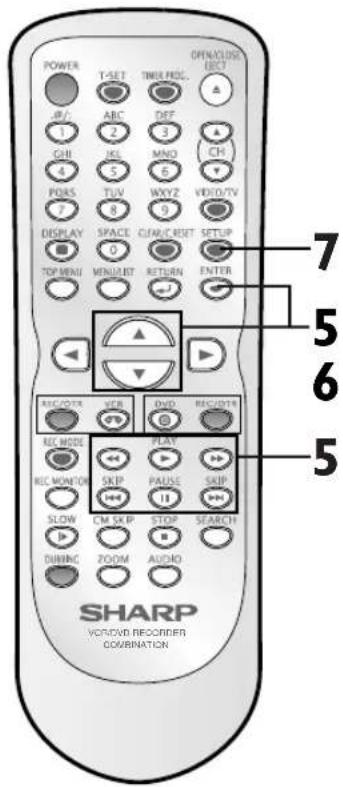 POWER T-SET TIME/NOC. OPRALDIR LECT IP/ ABC DIF A GHL JGL MND CK POKS TUV WXY2 VIDEO/TV DISPLAY SPACE CIF/CLK/RESET SETUP TOP/WAVI MINI/LET RETURN ENTER REC/CTR VCR DVD REC/CTR REC MODE SKIP PLAY SKIP REC MONION SLOW CM SKP STOP SEARCH DURING ZOOM AUDIO SHARP VCT/VD RECORDER COMBINATION