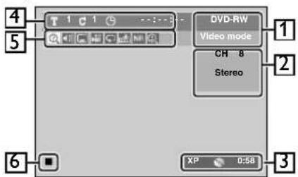 4 5 DVD-RW Video mode CH 8 Stereo 1 2 6 XP 0:58 3