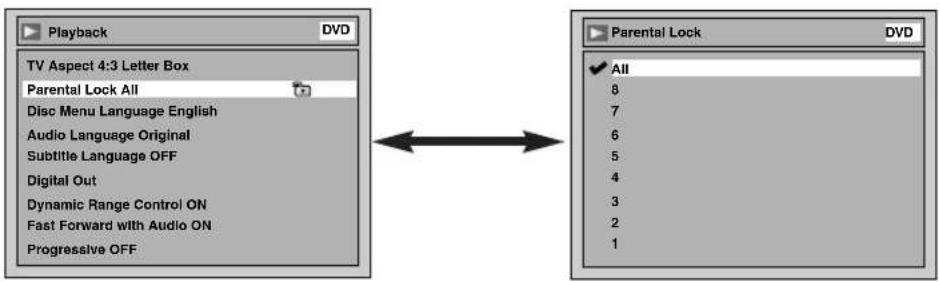 Playback DVD TV Aspect 4:3 Letter Box Parental Lock All Disc Menu Language English Audio Language Original Subtitle Language OFF Digital Out Dynamic Range Control ON Fast Forward with Audio ON Progressive OFF Parental Lock DVD ✓ All 8 7 6 5 4 3 2 1