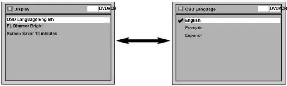 Display DVDVCR OSD Language English FL Dimmer Bright Screen Saver 10 minutes OSD Language English Français Español