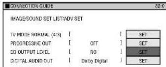 CONNECTION GUIDE IMAGE/SOUND SET LIST/ADV SET TV MODE NORMAL (4x3) PROGRESSIVE OUT DO OUTPUT LEVEL DIGITAL AUDIO OUT 1 2 3 4 5 6 7 8 9 10 11 12 13 14 15 16 17 18 19 20 SET SET SET SET
