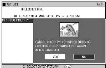 REG LIST TITLE C103 MAC TITLE INFO:10/4 MON: 4:00 PM - 4:10 PM HISP DUE PRIORITY CANCEL PRIORITY HIGH SPEED DUBE NG FOR THIS TITEL? CAN'T SET AGAIN AFTER CANCELLED. YES NO SELECT ENTER RETURN