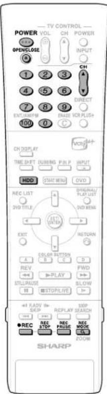 TV CONTROL POWER VOL CH POWER OPENCLOSE INPUT CH DIRECT ENT/TEMP ENRASE VCR PLUS+ 1 2 3 4 5 6 7 8 9 10V 0 C CH DISPLAY TIME SHIFT QUNING PIN P INPUT HDD START MENU OVD REC LIST DVD TITLE OUT ORIGINAL/PLAY LIST DVD MENU EXIT RETURN COLOR BUTTON A B C D REV >PLAY FWD STILL/PUASE SLOW STOP/PUVE +4 FLAVI II-STEP STOP REPLAY SEARCH ● REC REC STOP REC PAUSE REC MODE SHARP ZOOM