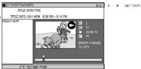EDITI PCD PLAYLIST TITLE: CH33 RINE TITLE INFO: 104 MON 8:39 PM - 8:14 PM CREATE NEW 2 01 00:00:12 00 SPECIFY A RANGE TO COPY. STEP SET END POINT