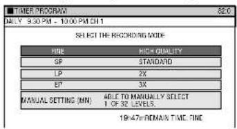 TIMER PROGRAM DAILY: 9:30 PM - 10:00 PM CH 1 SELECT THE RECORDING CODE RIME RICH QUALITY SP STANDARD LP 2X EP 3X MANUAL SETTING (MN) ABLE TO MANUALLY SELECT I OF 32 LEVELS. 19:47#REMARK TIME: RIME