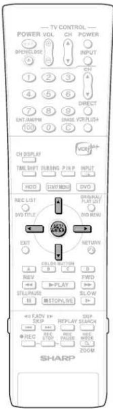TV CONTROL POWER VOL CH POWER SPRINGLOSE INPUT CH 1 2 3 4 5 6 7 8 9 DIRECT ENT/AM/MN ENASE VCR/PLUS+ 100 0 C CH DISPLAY TIME SHIFT DUBBING P/HP INPUT HOD START MENU DVD REC LIST ORIGINAL/ DVD TITLE OYD MENU AUTO-EVER EXIT RETURN COLOR BUTTON B C B REV FWD STILL/PULSE PLAY SLOW RE STOP/SAFE <=>FADY I/O SKIP REPLAY SEARCH <=> REC STOP REC PULSE REC MODE SHARP ZOOM