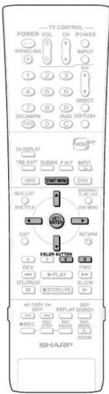 TV CONTROL POWER VOL CH POWER OPENCLOSE INPUT 1 2 3 CH 4 5 6 DIRECT 7 8 9 VOR PLUS+ 100 D C CH DISPLAY TIME SHIFT SUBRING P RIP INPUT HDD START MENU DVD REC LIST DVD TITLE NEXT ENTER EXIT RETURN COLOR BUTTON REV E FWD STILL/RESET SLOW 18 STOP/LIVE 45 FADY II REPLAY SKIP REPLAY SEARCH REC STOP REC ORDER SHARP ZOOM