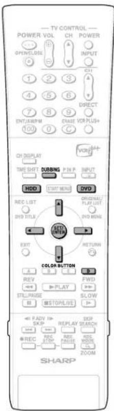 TV CONTROL POWER VOL CH POWER OPEN/LOSE INPUT 1 2 3 4 5 6 DIRECT 7 8 9 VCR PLUS+ ENT/JUM/PM ENH CRANE VCR PLUS+ 100 0 C CH DISPLAY TIME SHIFT DUBBING P IN P INPUT HDD START MENU DVD REC LIST ORIGINAL/ DVD TITLE PLAY LIST DVD MENU EXIT RETURN COLOR BUTTON REV FWD STILL/PAGE SLOW M STOP/LIVE FADY II REPLAY SKIP SKIP REPLAY SEARCH REC STOP REC PULSE RES ZOOM SHARP