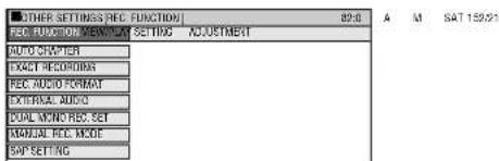 OTHER SETTINGS REC FUNCTION FOR UBDOMINUM/AT SETTING ACJUSTMENT AUTO CHAPTER EXACT RECORDER REC. AUDIO FORMAT EXTRIOR AUDIO DOUBLE MOUNT REC SET MANUAL REC MODE CAP SETTING A M SAT 159.01