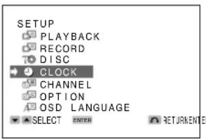 SETUP PLAYBACK RECORD DISC CLOCK CHANNEL OPTION OSD LANGUAGE SELECT ENTER RETURN ENTER