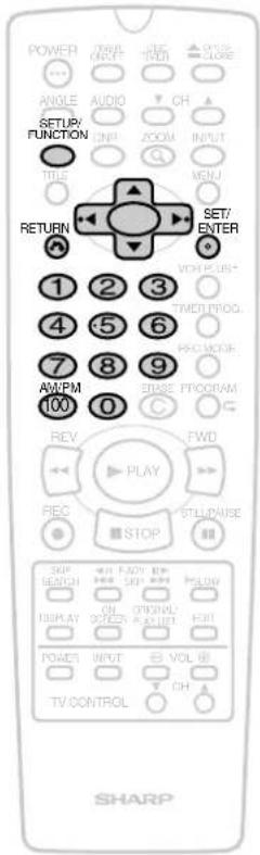 POWER ANGLE AUDIO CH SETUP/ FUNCTION CNP ZOOM INPUT TITLE MENU RETURN SET/ ENTER 1 2 3 4 5 6 7 8 9 AM/PM 100 STAGE PROGRAM REV PLAY FWD REC STOP STILL/PAUSE SKIP SENDI HOLDEN SELL ON STARTER PULLION DISPLAY POWER INPUT VOL TV CONTROL CH SHARP