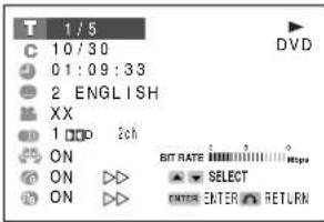 T 1/5 C 10/30 01:09:33 2 ENGLISH XX 1 2ch ON ON ON BIT RATE SELECT ENTER ENTER RETURN DVD