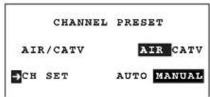 CHANNEL PRESET AIR/CATV AIR CATV CH SET AUTO MANUAL