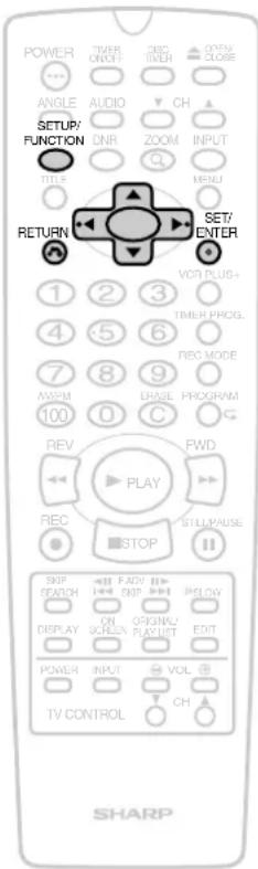 POWER ANGLE AUDIO CH SETUP/ FUNCTION DNR ZOOM INPUT TITLE MENU RETURN SET/ ENTER VOR PLUS+ 1 2 3 TIMEH PROG. 4 5 6 REC MODE 7 8 9 WPM 0 C REASE PROGRAM 100 REV PLAY FWD REC STOP STILL PAUSE SKIP SEARCH PADD SNET PLOW DISPLAY ON SCREEN OUTPUT LIST EDIT POWER INPUT VOL TV CONTROL CH SHARP