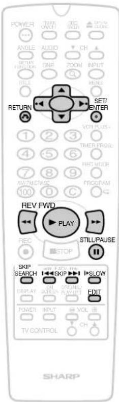 POWER ANGLE AUDIO CH OUTPUT TITLE RETURN SET7 ENTER VOR PLUS - 1 2 3 4 5 6 7 8 9 100 0 C REVIEW FROGRAM REV FWD PLAY REC STOP STILL/PAUSE SKIP SEARCH SKIP SLOW DISPLAY ON/OFFIC PULLUT EDIT POWER INPUT VOL TV CONTROL CH SHARP