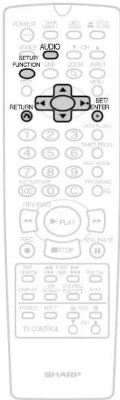POWER ANGLE AUDIO SETUP FUNCTION VBR INPUT TITLE MENU HOLD RETURN SET7 ENTER VOR HOLE- 1 2 3 4 5 6 7 8 9 100 0 C TIMER PROG. RED MODE PROGRAM G REV EWD PLAY REC STOP STILL PAUSE TBP FATCH OFF ON/OFF PULLY DISPLAY ON SCREEN ON/OFF PULLY RIO POWER INPUT VOL TV CONTROL CH SHARP