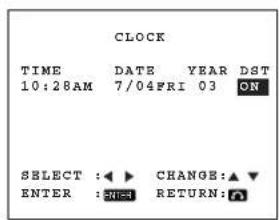 CLOCK TIME DATE YEAR DST 10:28AM 7/04FRI 03 ON SELECT :▲ ▶ CHANGE:▲▼ ENTER :SET RETURN:▲