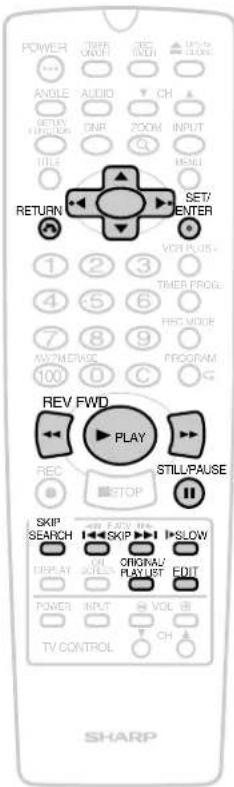 POWER AVG ANGLE AUDIO RETURN 1 2 3 4 5 6 7 8 9 100 VCH PLUS - TIMER PROG. REG MODE PROGRAM C RETURN SET/ ENTER 1 2 3 4 5 6 7 8 9 100 C REV FWD PLAY REC STOP STILL/PAUSE SKIP SEARCH SKIP > 1 SLOW DISPLAY > ON/OVA/ PLAY > EDIT POWER INPUT VOL TV CONTROL CH SHARP